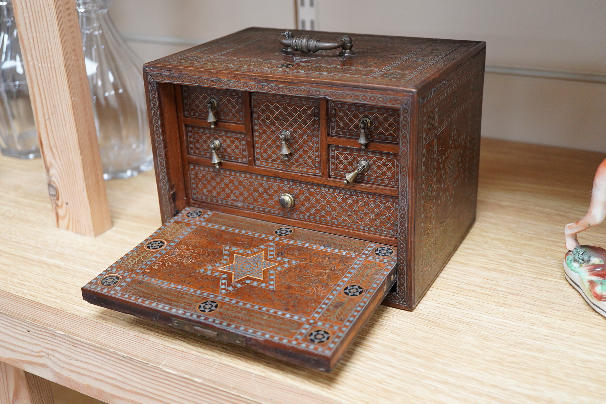 A 19th/20th century Indian decorative metal inlaid table cabinet, with drawers, 19cm x 14.5cm high